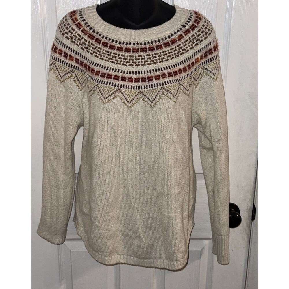 LOFT XL Cozy Fair Isle Sweater white orange Brown Gold sparkle fall holiday